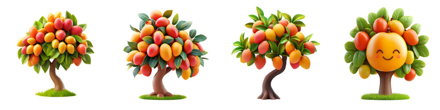 A Happy Mango Tree Icon Tropical Fruit Tree 3D Isolated on White and Transparent Background