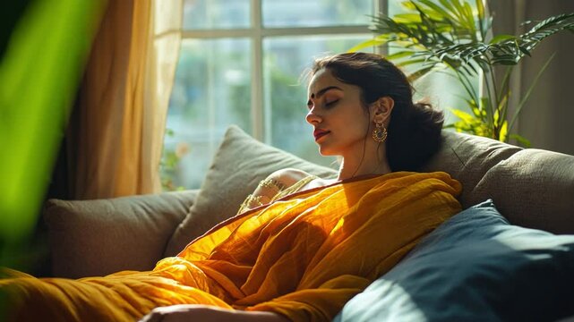 Indian lady relaxing at home on a sofa,The peaceful atmosphere is heightened by the cozy inside environment and gentle natural light.