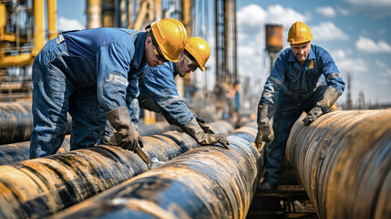 Oil and gas workers in blue overalls repair large steel pipes at an industrial plant, showcasing teamwork and expertise in natural gas processing