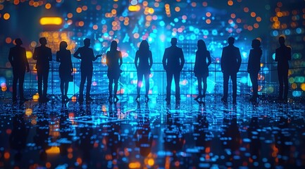 Silhouettes of business people, business network in blue colours. 