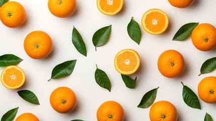 A collection of oranges with green leaves isolated on a white background with a clipping path for easy editing.