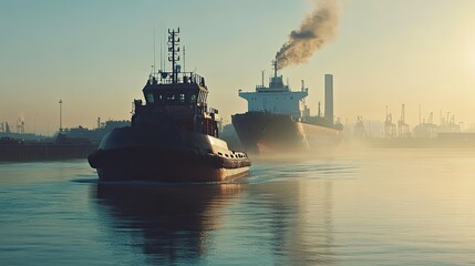 A tugboat leads a large cargo ship through a foggy harbor at sunrise.