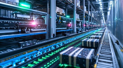 A modern automated warehouse with conveyor systems transporting packages, illuminated by vibrant lights, showcasing efficient logistics in action.