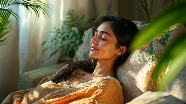 Indian lady relaxing at home on a sofa,The peaceful atmosphere is heightened by the cozy inside environment and gentle natural light.