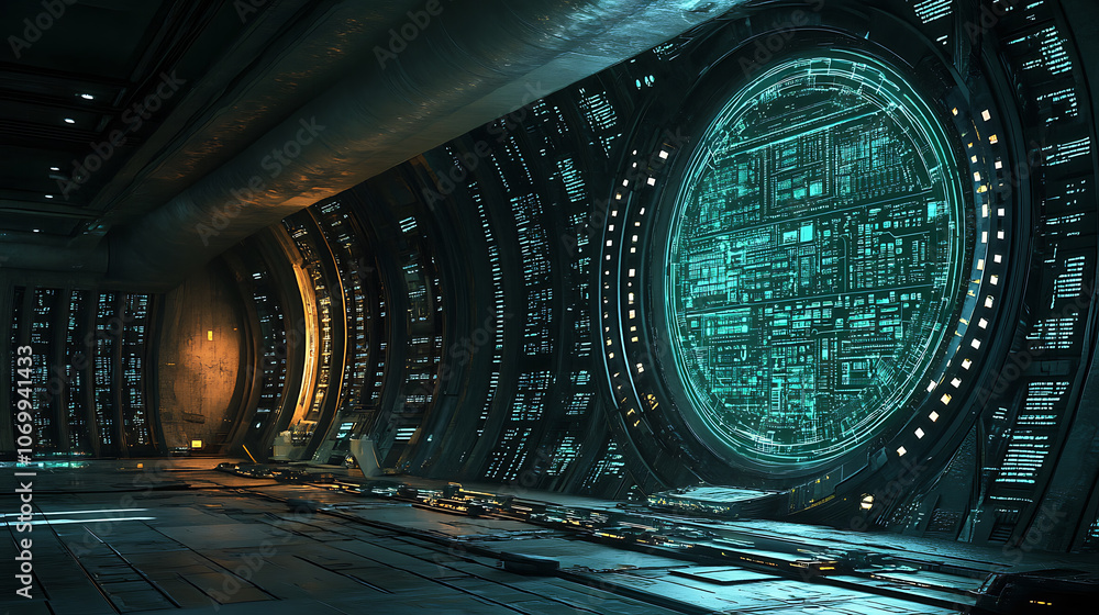 Poster futuristic interior featuring high tech circular portal with glowing circuitry. sleek design and amb