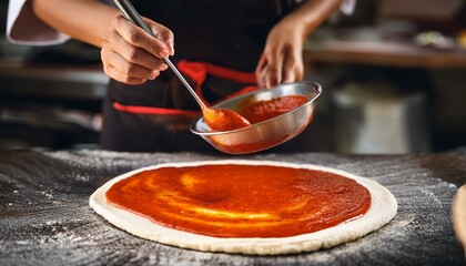 Close-up of a chef spreading tomato sauce on pizza dough with a ladle, face hidden.