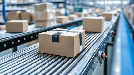 A conveyor belt filled with various cardboard packages in a warehouse setting, highlighting logistics and efficient distribution.