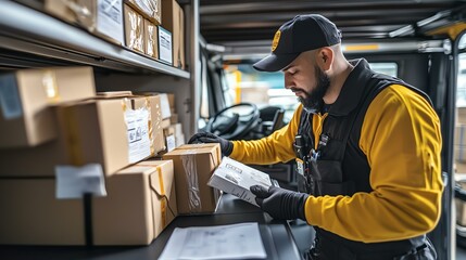 A delivery worker organizes packages inside a vehicle, checking items against paperwork while ensuring accurate distribution.
