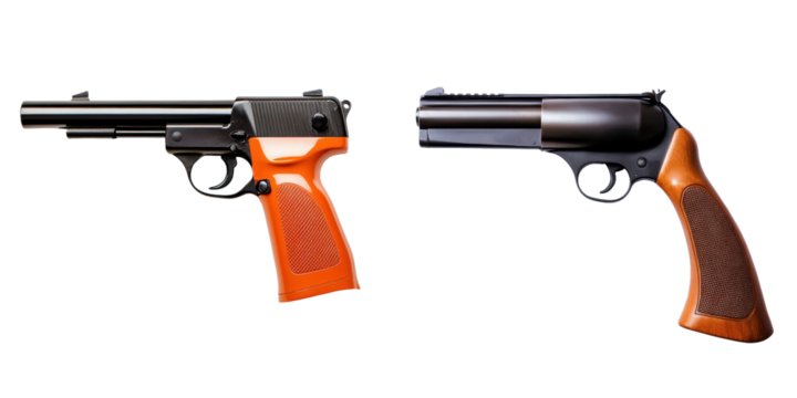 Dual Handguns in Vivid Orange and Black Tones Poised for Action Representing Power Force and the Potential for Conflict or Self Defense