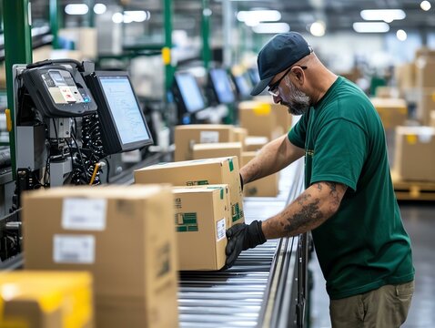 A worker organizes packages on a conveyor belt in a busy warehouse, demonstrating efficiency in the logistics and shipping process.