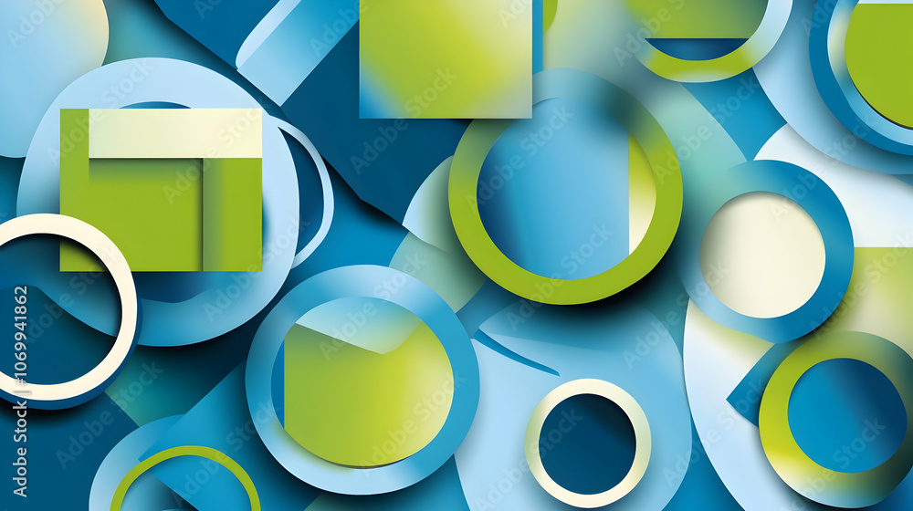 Poster abstract geometric pattern with circles and squares in blue and green color scheme.