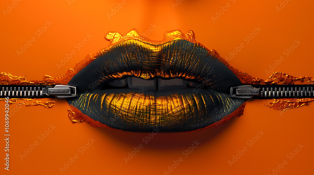 Poster artistic image of lips with zippers, showcasing unique blend of colors and textures, creating striki