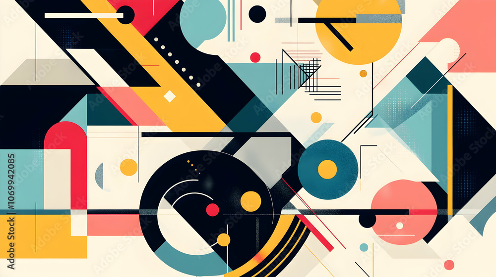 Poster abstract geometric pattern with vibrant colors and shapes on a white background.