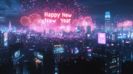 Obraz premium Sparkling New Year's Eve Celebration: Glowing Neon Skyline with Fireworks Display Over Cityscape at Midnight in 2025