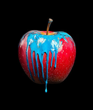 Naklejki Photograph of a red apple with blue paint dripping on it, isolated against a black background, in a minimalist style, food photography