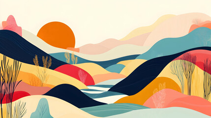 Abstract landscape with colorful mountains, river, and sunset.