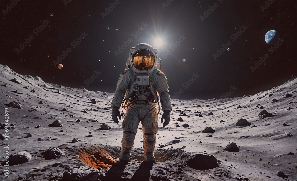 Aufkleber man in a space suit stands on a rocky surface