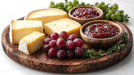 Delicious cheese selection with asiago, grapes, and fig jam on wooden platter, perfect for gatherings and celebrations