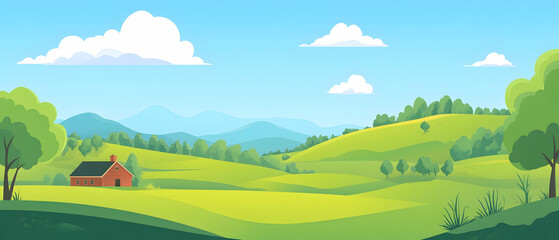 Cartoon illustration of a green rolling countryside with a single red house and a blue sky with white clouds.