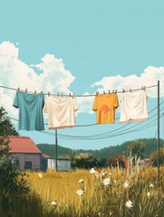 Clothes Hung by Pegs for Drying, Fresh Laundry on a Clothesline Outdoors