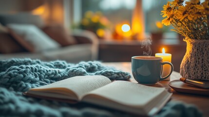 A beautiful, open journal with an entry on 'self-love' written in elegant handwriting, surrounded by dried flowers and warm sunlight streaming onto the page from a nearby window