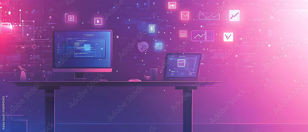 Poster desktop and laptop computer on a desk with glowing application icons.