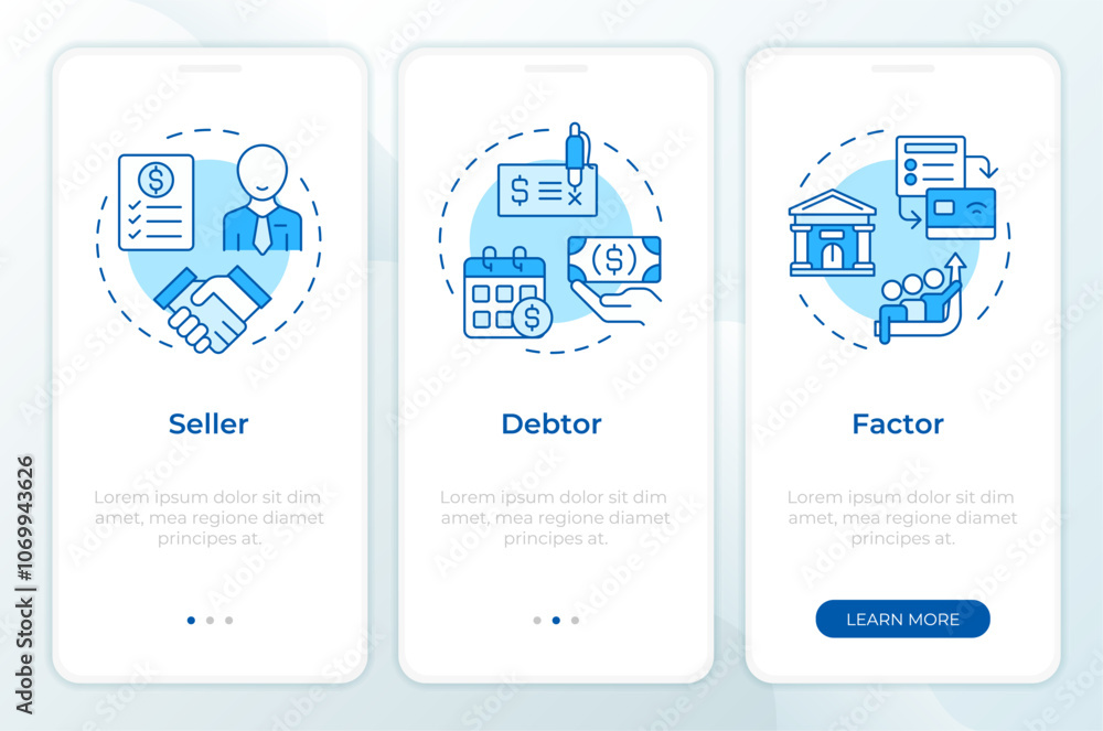 Poster parties in factoring process blue onboarding mobile app screen. walkthrough 3 steps editable graphic