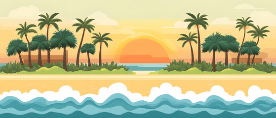 Palm trees on a tropical beach at sunset with a blue ocean and waves.