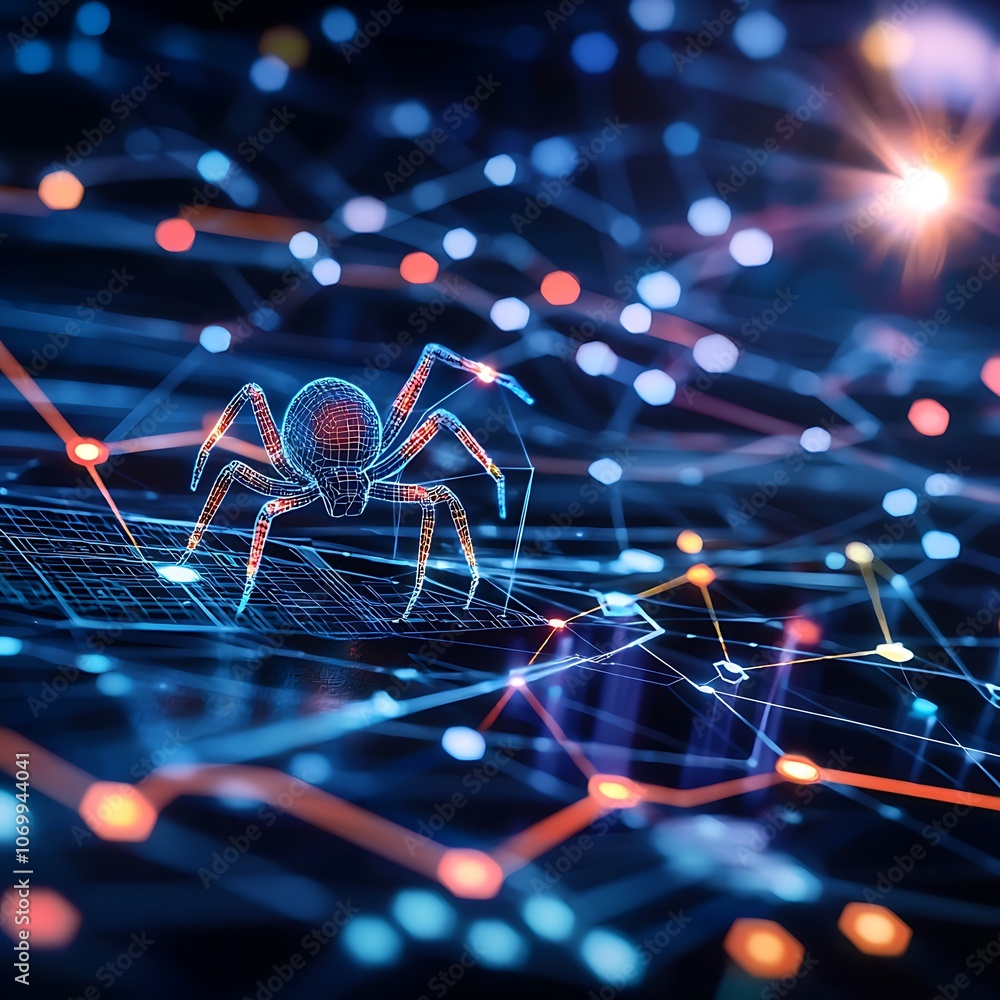 Poster a spider is on a computer screen with a lot of lines and dots