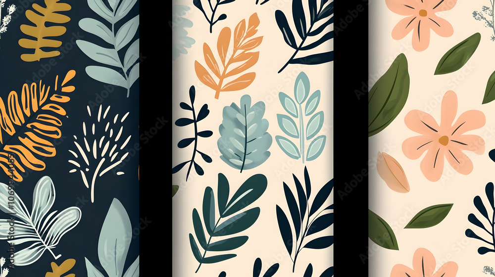 Poster set of three seamless patterns with floral elements in vector.