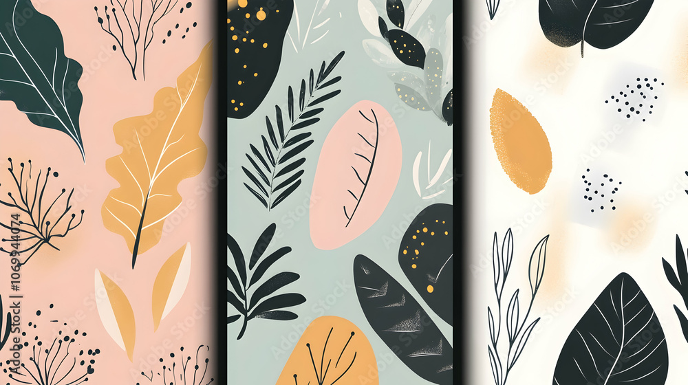 Poster set of three seamless patterns with abstract leaves and floral elements in pastel colors.