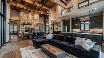 Cozy yet spacious open-plan living room with a warm-toned sofa, exposed wood beams, a stone accent wall, and a minimalist kitchen with black cabinetry.