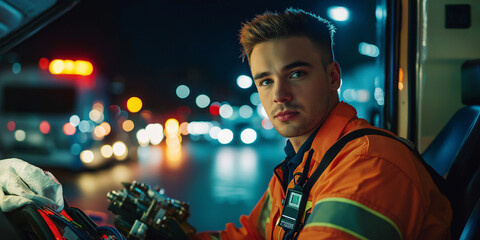 Obraz premium Portrait of a Focused Paramedic in an Ambulance
