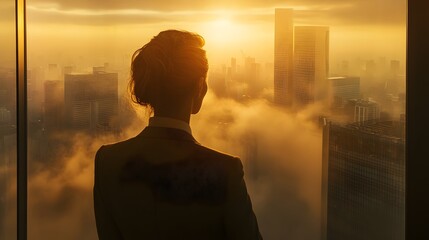 Fototapeta premium Executive Woman Gazing at Dramatic Cityscape Through Office Window