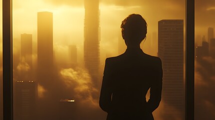 Elegant Professional Woman Gazing at Dramatic Cityscape Through Penthouse Office Window