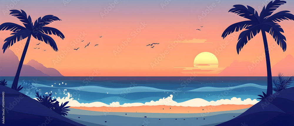 Poster sunset over a beach with palm trees and waves.