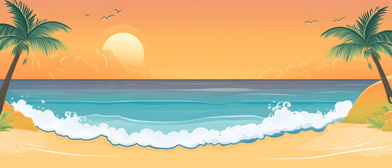 Obraz premium Sunset on a beach with palm trees and ocean waves.