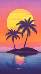 Fototapeta premium Sunset over a tropical island with two palm trees, the sun reflects in the water.