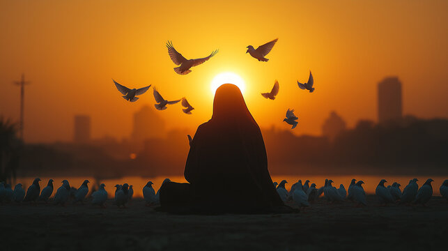Silhouette Muslim Arabic woman praying , flying doves