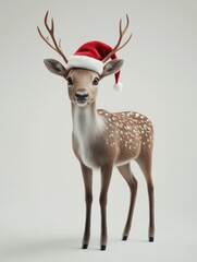 Cute reindeer in a red Santa hat on light background