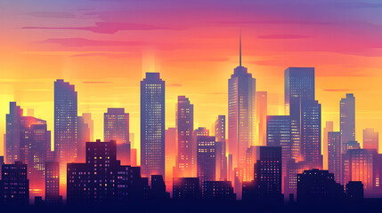 Fototapeta premium A colorful sunset illuminates the skyline of a modern city, with skyscrapers casting long shadows.