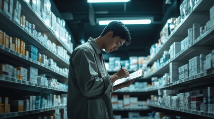 Fototapeta premium The Pharmacist Checking Inventory