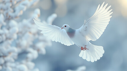 Obraz premium White dove, symbol of peace, flying through the sky.