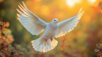 Fototapeta premium Dove in the air with wings wide open in-front of the sun