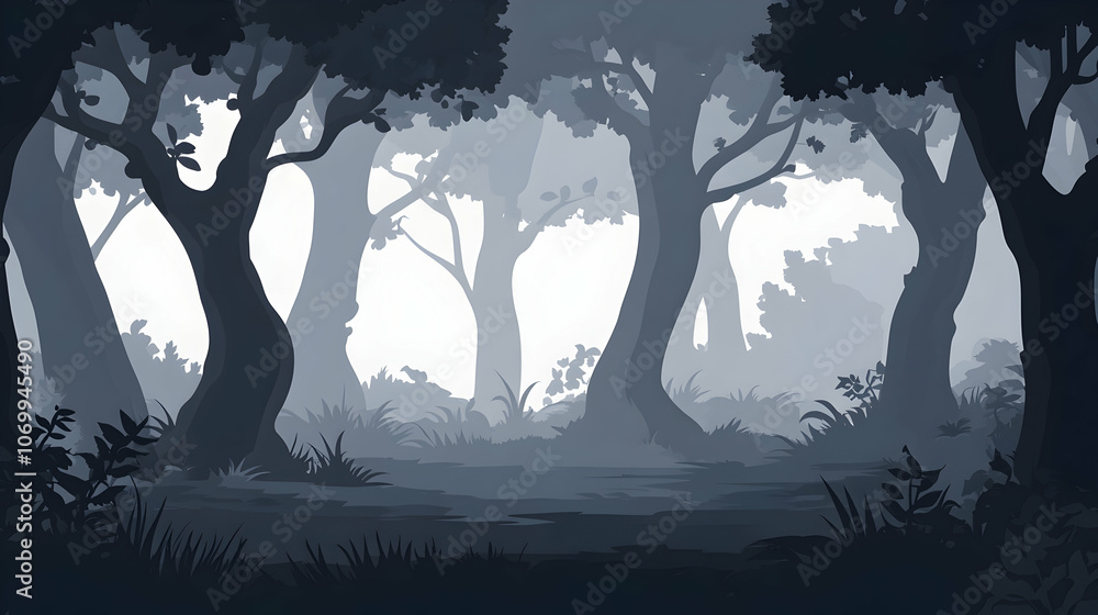 Poster a misty, dark forest scene with tall trees and a path in the distance.