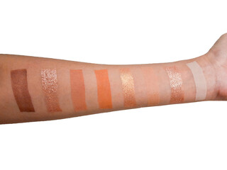 Swatches of eyeshadows palette on a woman's arm, with neat rows of colors swept on perfectly, showing the color contrast, isolated on white background and close up shot.