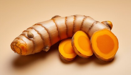 Naklejka premium Fresh turmeric root sliced thinly, forming a natural curve on an isolated beige background.
