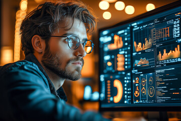 Fototapeta premium Man is looking at a computer monitor with a lot of numbers on it. He is wearing glasses