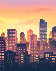 A vibrant city skyline at sunset with tall buildings and a colorful sky.