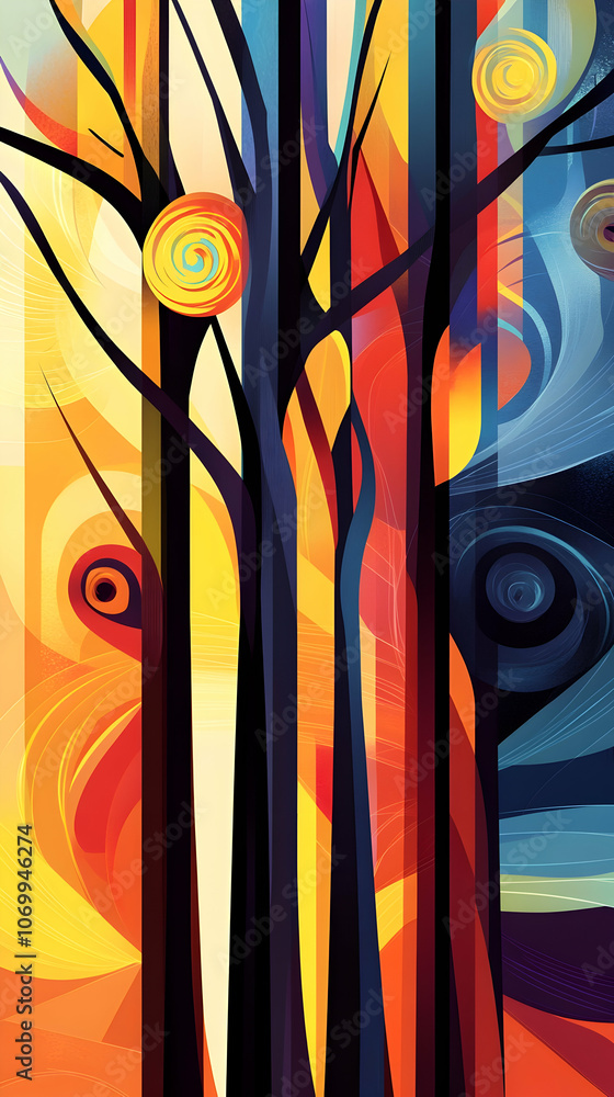 Poster abstract art with vibrant colors of a tree with swirling patterns in the background.